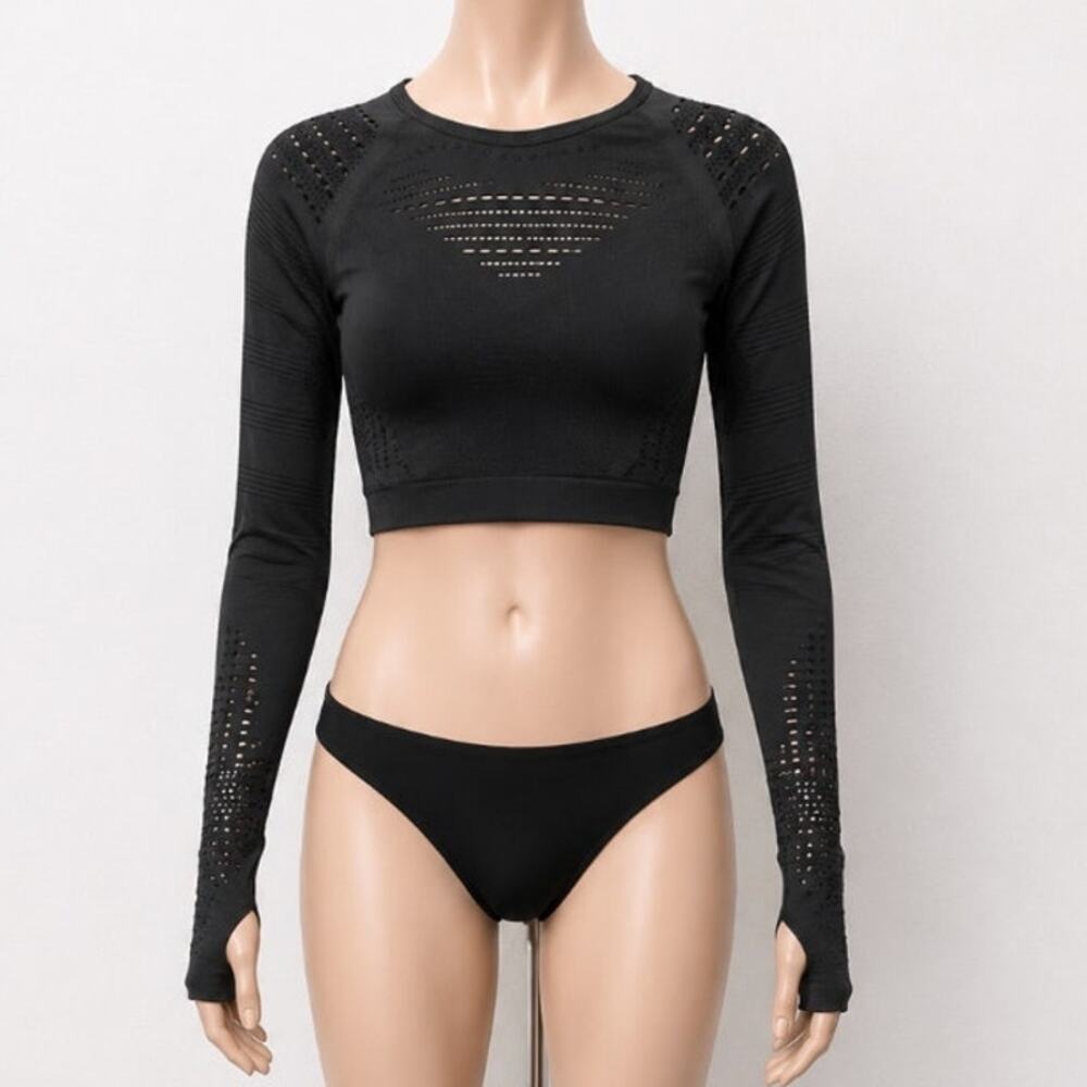 Jet Black Cropped Stretch Workout Top Long Sleeve Thumbholes Laser Cut Design SM